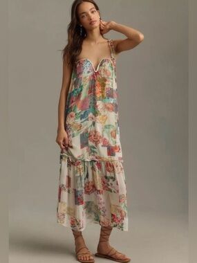 Anthropologie Floral Patchwork Maxi Slip Dress - White Multi